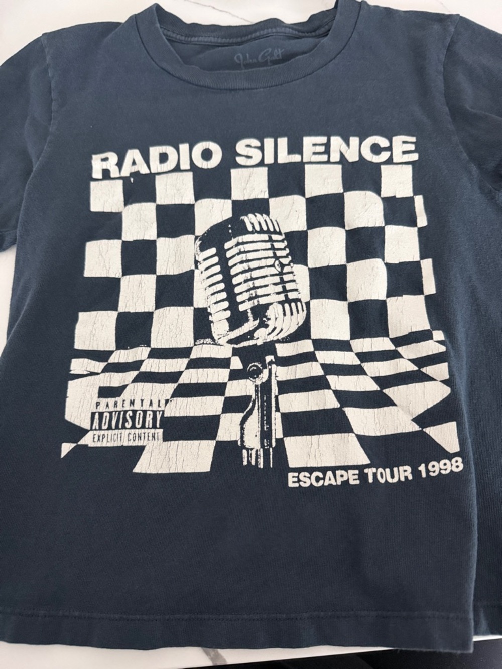 Brandy Melville Navy Graphic "Radio Silence" Checkered Tee